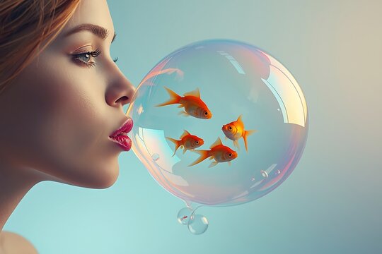 Young woman blowing soap bubble containing goldfish with goldfish creative floating ethereal photography portrait transparent imagination delicate expression surrealism lighting