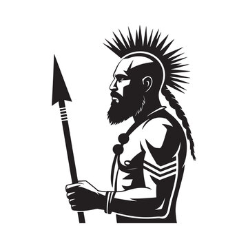 Warrior silhouette with mohawk hairstyle and spear black and white