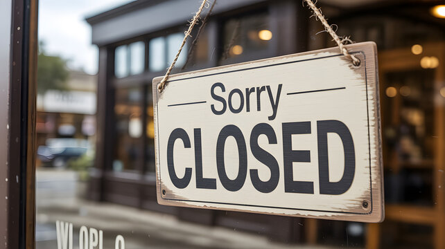 A closed sign hangs on a storefront window indicating business closure