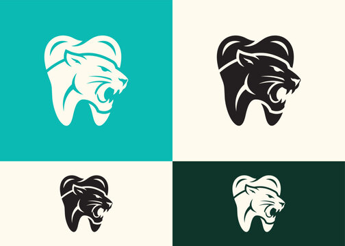 Ferocious tiger head inside tooth shape, aggressive predator logo, dental care concept.