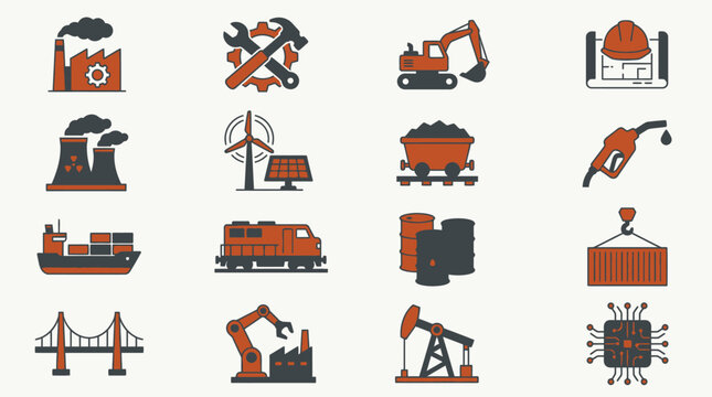 Industrial and technology factory, tools, excavator, blueprint, power plant, wind turbine, solar panel, mine cart, fuel pump, cargo ship, train, oil barrels, crane, bridge, robot arm, oil pump