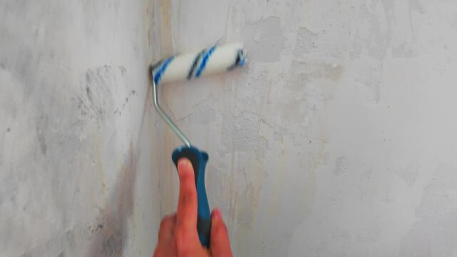 Hand with roller priming interior room wall corner