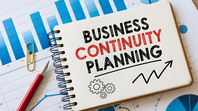 A notebook with business continuity planning written on it surrounded by graphs and charts