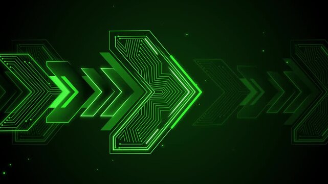 Neon futuristic arrow shapes with circuit-patterned hex arrow pointing right background animation