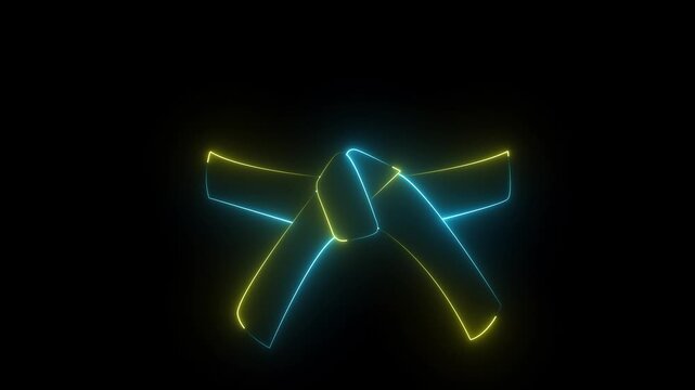 Neon glowing yellow and blue color karate belt icon on black background. Animation icon of a Rank Belt.