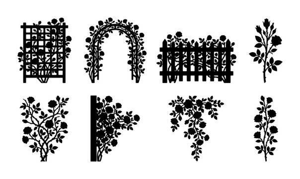 Black Silhouette Rose Garden Elements Vector Set: Trellis, Archway, Fence, and Floral Sprigs for Decorative Design