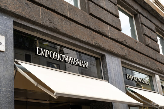 Emporio Armani Storefront With Awnings On Urban Stone Facade, Luxury Fashion Retail Exterior Milan Italy May 14, 2026