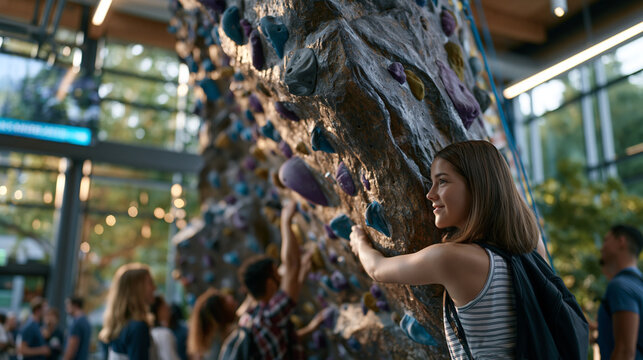 Accessible indoor climbing wall with custom grip placements for one-armed climbers, adaptive harness rig overhead, multicultural group of participants spotting each other, perfect for architecture a