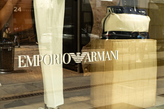 Emporio Armani Storefront With Awnings On Urban Stone Facade, Luxury Fashion Retail Exterior Milan Italy May 14, 2026
