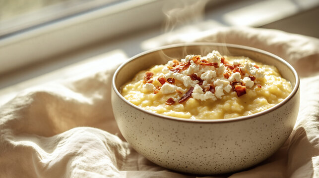 Traditional Ukrainian banosh or corn polenta porridge served hot with brynza cheese and crispy bacon bits in a ceramic bowl