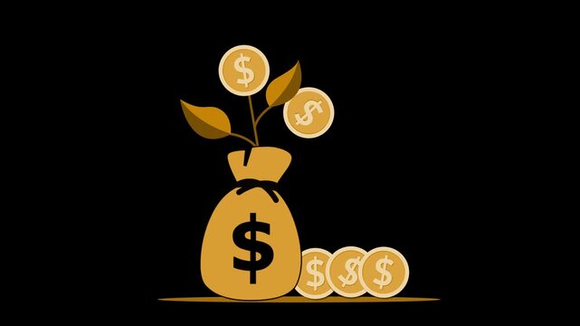 Money bag with dollar coin-plant growing pile of gold coins animation