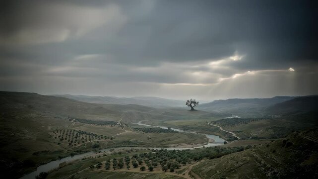 Lonely tree standing in a vast valley landscape. Biblical scene representing Eden with winding river. Dramatic light rays break through clouds over ancient land.