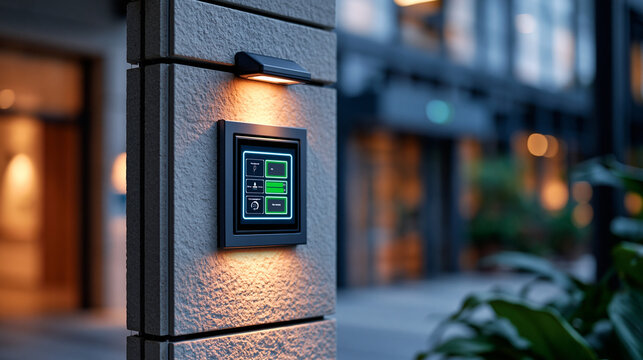 Building facade embedded with moisture sensors and occupancy trackers, glowing interface panel displaying real-time energy consumption data in a hospital environment corridor, ideal for smart buildi