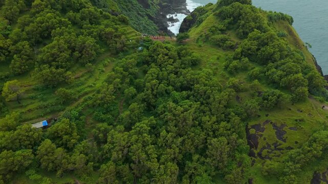 Aerial view of Bukit Pengilon featuring lush green trees and grassy slopes on the coastal cliffs in Kecamatan Tepus, Daerah Istimewa Yogya, Indonesia.