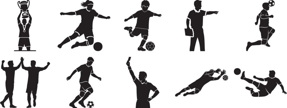 Set of diverse soccer and football silhouettes featuring players, coach, referee, and various game actions and celebrations.