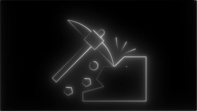 Glowing neon white color metals mining icon on black background.