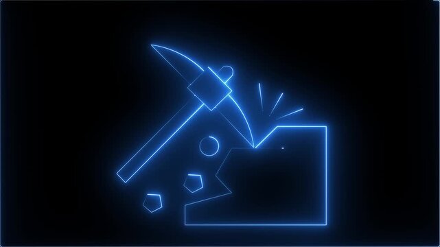 Glowing neon blue color metals mining icon on black background.