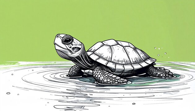 Tiny Turtle Floating on Pond in Black and White Outline Coloring Page Style