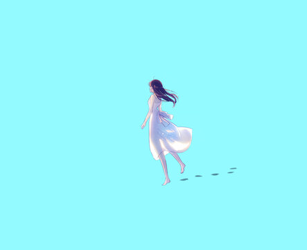 歩く女性　足跡