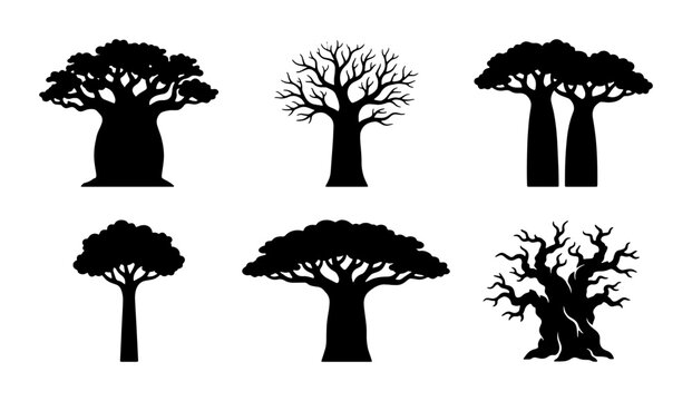 African Baobab Tree Silhouettes, Iconic Savanna Flora Vector Collection, Diverse Shapes and Sizes for Nature Graphics