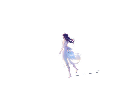 歩く女性　足跡