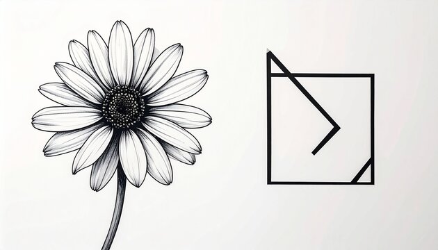 Black and white daisy flower illustration with minimalist startup success icon line art