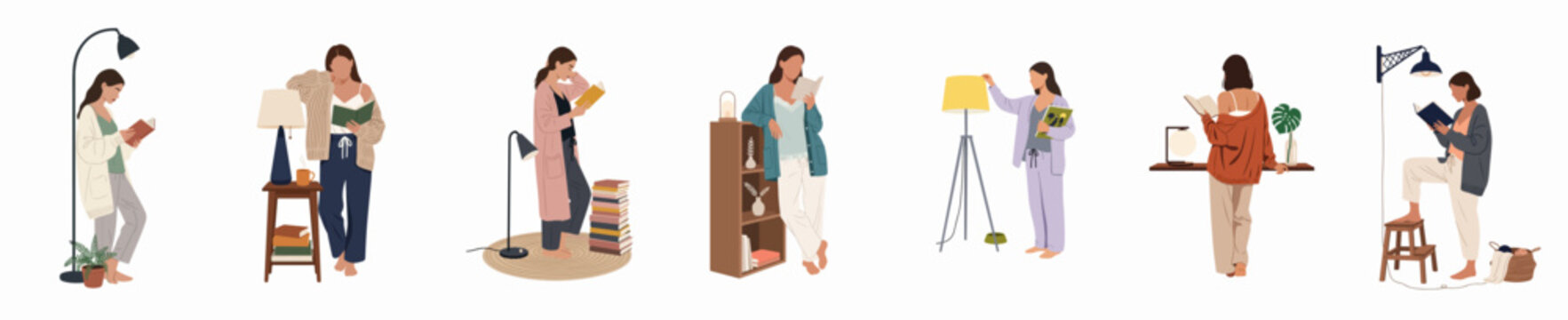 Collection of flat illustrations of women in cozy loungewear reading books in various indoor home settings with warm lighting.