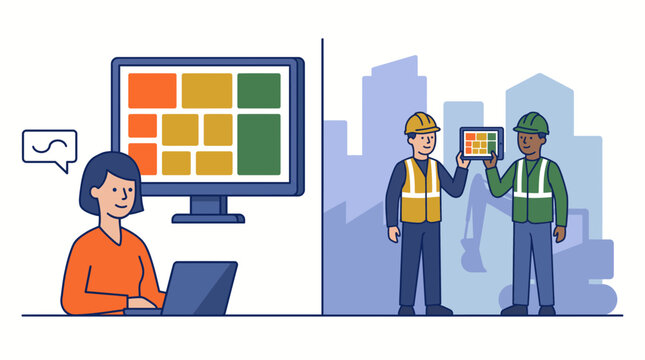 Construction project coordination meeting with a construction worker and team