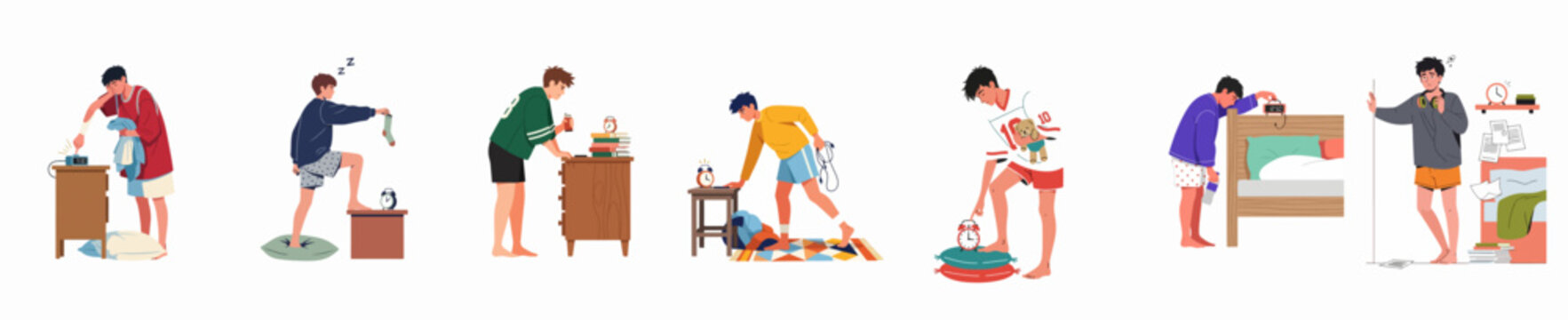 Relatable scenes of teenage boys and young men struggling to wake up, turning off alarm clocks, and dealing with morning fatigue in their bedrooms.