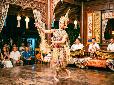 A Thai dancer in ornate traditional dress dancing on a wooden stage with an audience and musicians in the background