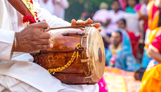 Traditional handcrafted tabla drum being played at festive cultural celebration close-up