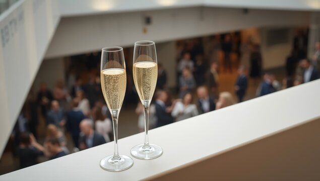 Pair of champagne glasses with bubbles resting on a white ledge above a blurred social gathering in a hallway