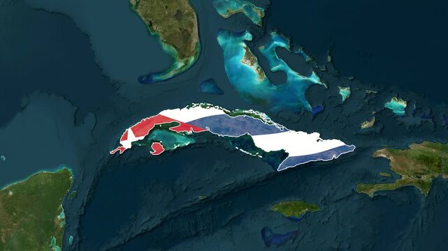 Animated map of Cuba with its flag overlayed over the Caribbean Sea