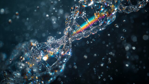 Glass DNA Double Helix with Water Droplets and Rainbow Refraction