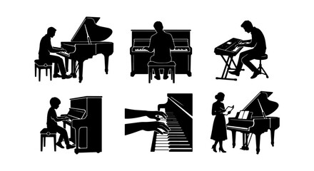 Piano Player Silhouettes, Musical Performance Icons, Keyboard Instrument Graphics, Classical Music Art © Samir