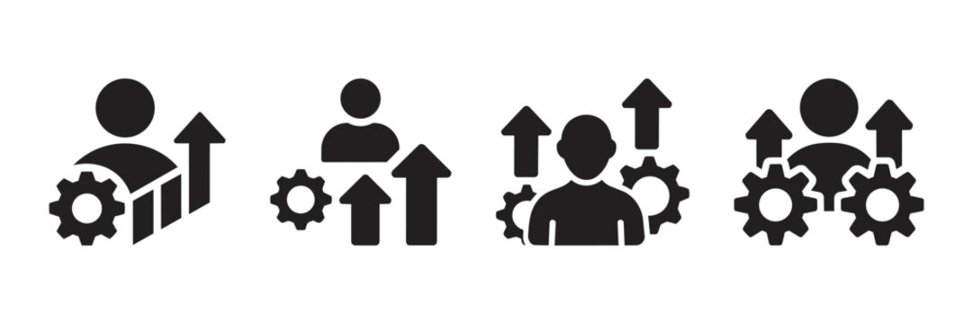 Business growth and professional development vector icons with gears and arrows. Features human silhouette with cog wheels and rising arrow symbols for success.