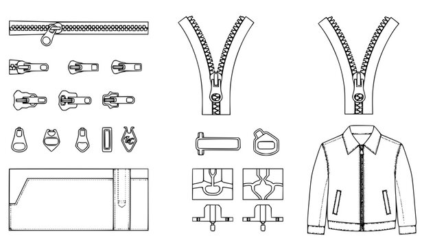 Zipper fastener technical CAD vector template with garment sewing illustration details