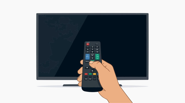 A human hand holding a remote control and pointing it at a blank TV screen.