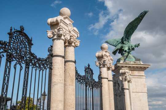 Turul vulture statue at Buda castle entrance, spread wings and sword in claws in Budapest - Hungary