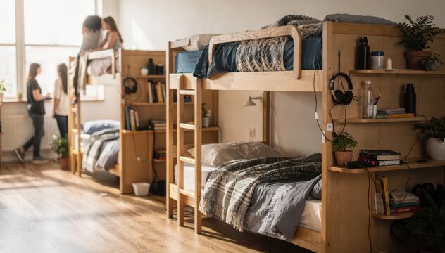Bright medium shot of a lively bunkhouse dorm room with neatly made bunks personal items on shelves and subtle blur on occupants in the background to maintain privacy focus.
