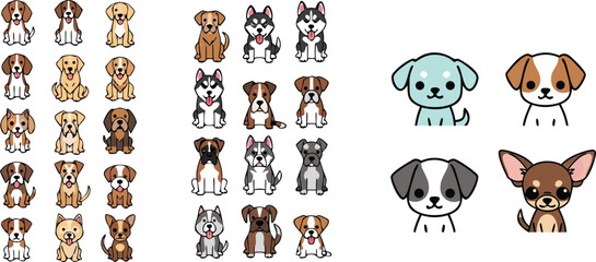 Cute dog breed cartoon vector illustration set featuring adorable puppy characters and pet face icons isolated collection © Yevhenii creative