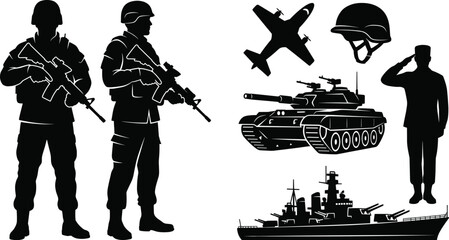 Military Silhouette Vector Set Featuring Soldiers Armed Personnel Battle Tank Warship Fighter Jet and Officer Saluting for Defense Concepts © MdAnowerHossain
