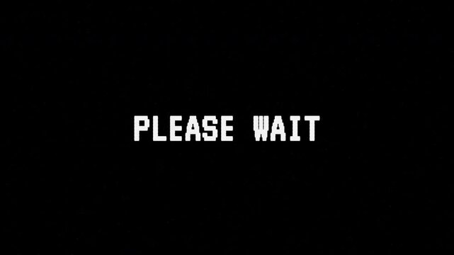 Retro Please Wait Glitch Text on Black Background, 8-bit Pixel Art Loading Screen, Vintage Computer Interface, Digital Distortion, Gaming Animation 4k video