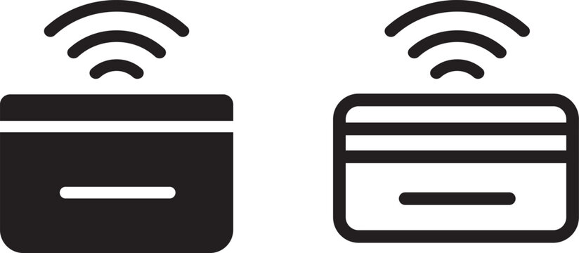Credit card with wireless signal icon set, containing high-quality contactless payment and banking symbol graphics in an isolated vector collection.
