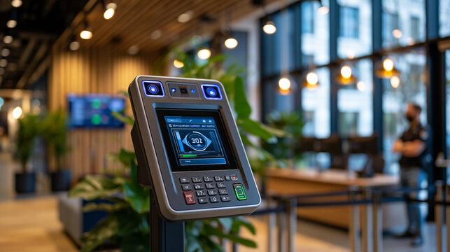 Automated smart building lobby with facial recognition entry system, air quality display reading optimal levels, solitary security guard monitoring a dashboard in the background, ideal for smart bui