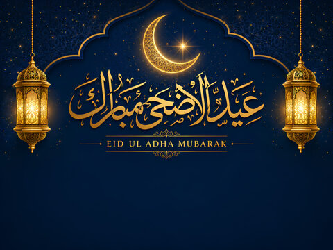 Eid Ul Adha Mubarak Arabic Calligraphy Crescent Lantern Design
