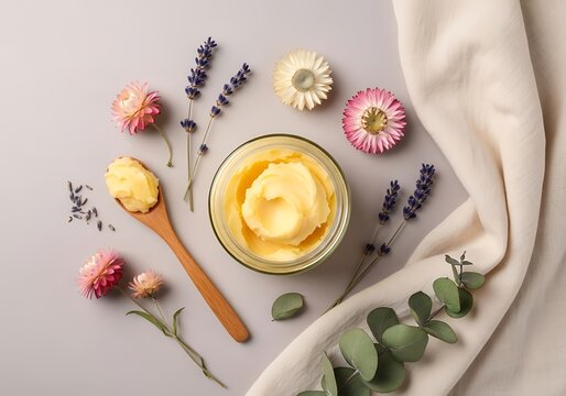 Jar of yellow facial cream with wooden spoon and dried flowers on a soft fabric surface. mango butter