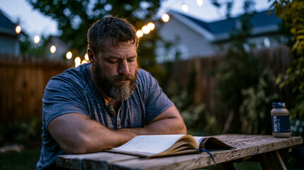 Fototapeta premium Father alone in a quiet backyard at blue hour seated at a weathered picnic table, journal open, a protein shake untouched beside him, summer constellations emerging above, perfect for reflective fit