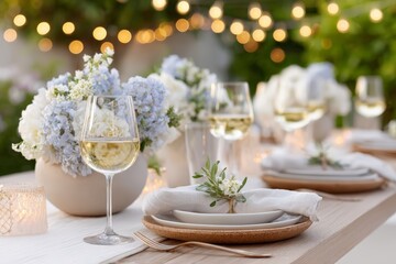 Fototapeta premium Summer solstice garden dinner table with blue and white floral centerpieces and wine glasses for romantic banner background