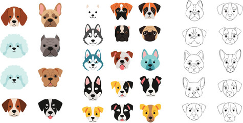 Cute dog breed face cartoon vector illustration set featuring adorable puppy portraits and pet outline icons collection © Yevhenii creative